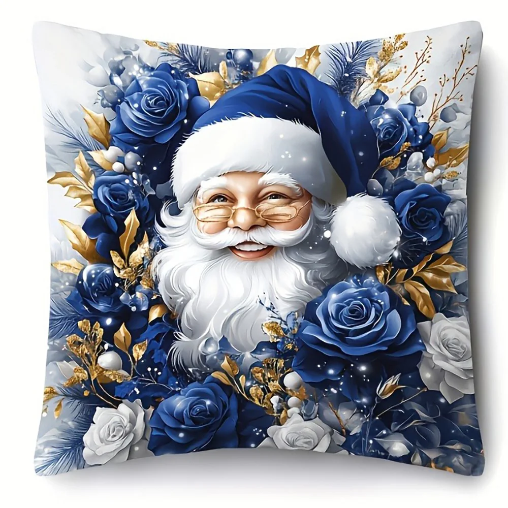 

Синие и золотые рождественские наволочки: Санта, фонарики, мешок и снеговик. Чехлы для дивана-кровати, новогоднее украшение для дома.