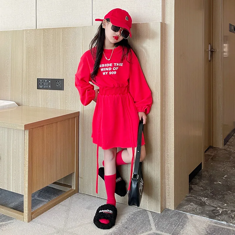 

Girls Sweatshirt Dress Spring Autumn Long Sleeve Slim Waist Kids Clothes Casual Letter Drawstring Teens Children Clothing