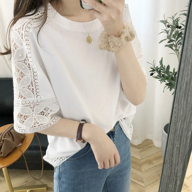 

New Japanese Style Soldi Color O-neck Half Sleeve Loose Blouse Summer Fashion Hollow Out Lace Shirt Casual Cotton Clothes 26726