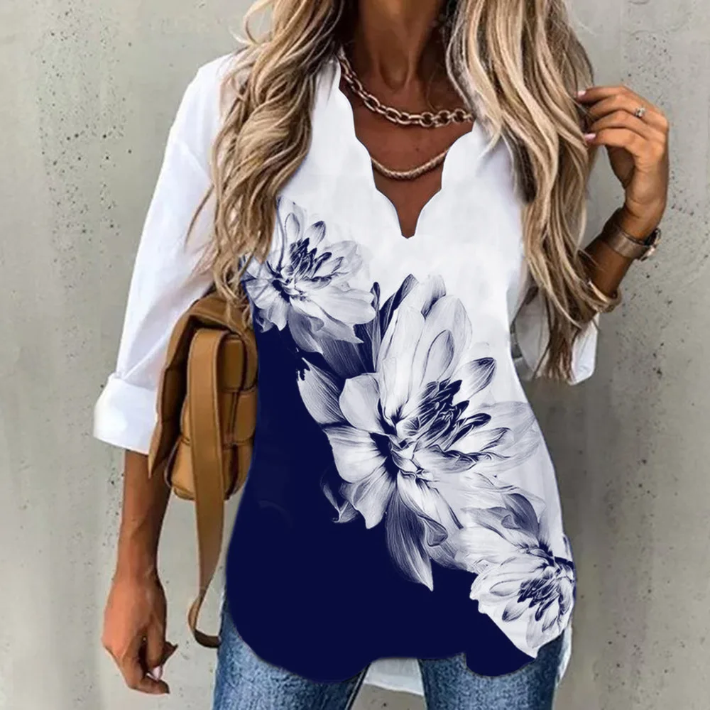 

2022 Summer New Hot Sale Women's Wavy Neck Shirts Printed Long Sleeve Women's Fashion Shirts Casual Tops