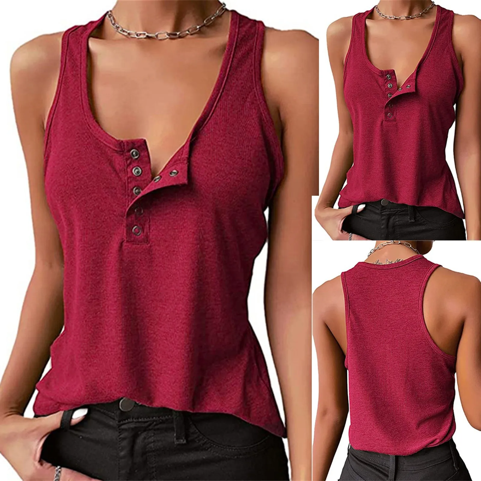 

Summer Women Vest Sexy Sleeveless Deep V Neck Buttons Solid Color Slim Blouse T-shirt Streetwear robe femme Tanks