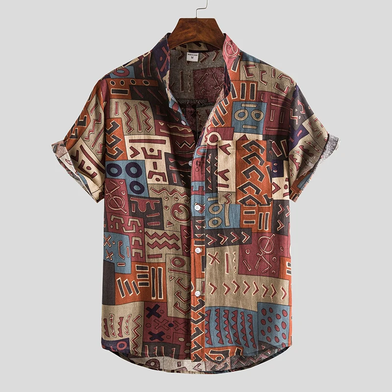 Men's Cotton Polyester Summer Short Sleeve Shirt Boho Geometric Pattern Hawaiian Beach Male Shirts y2k Casual Blouse For Men