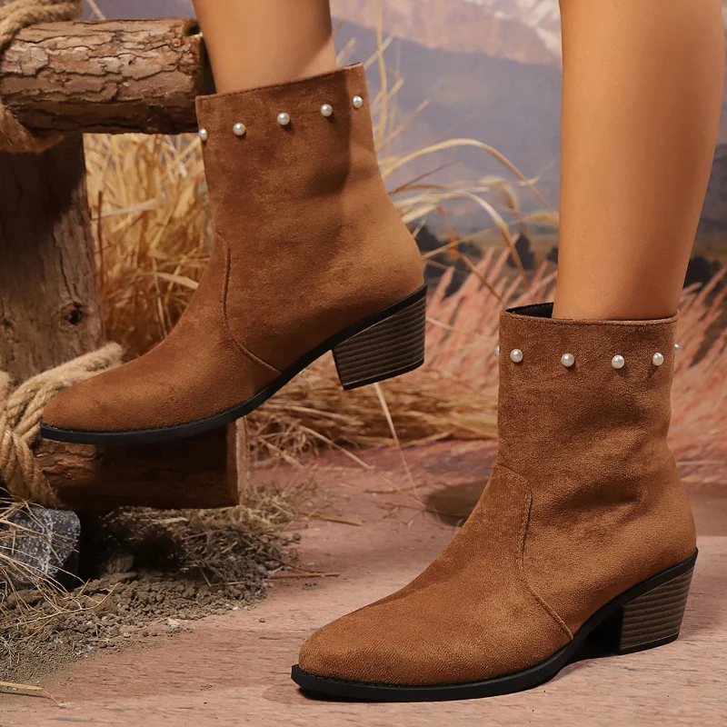 Suede High Heels Chelsea Ankle Boots Woman Beaded Trend Pointed Toe Shoes New Winter Gladiaotr Chunky Fashion Botas Pumps