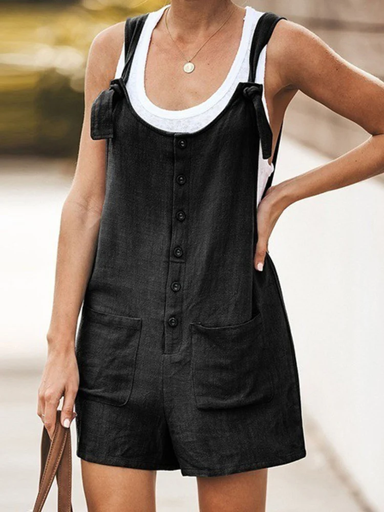 Vegan Vintage Short Jumpsuit Women Designer Buttons Pockets Loose Rompers Fashion Versatile Spaghetti Strap Streetwear Domil105