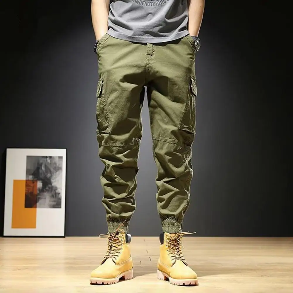 

Joggers Pants Multiple Pockets Bottoms Daily Wear Relaxed Fit Ankle Tied Pants Men Cargo Pants for Jogging
