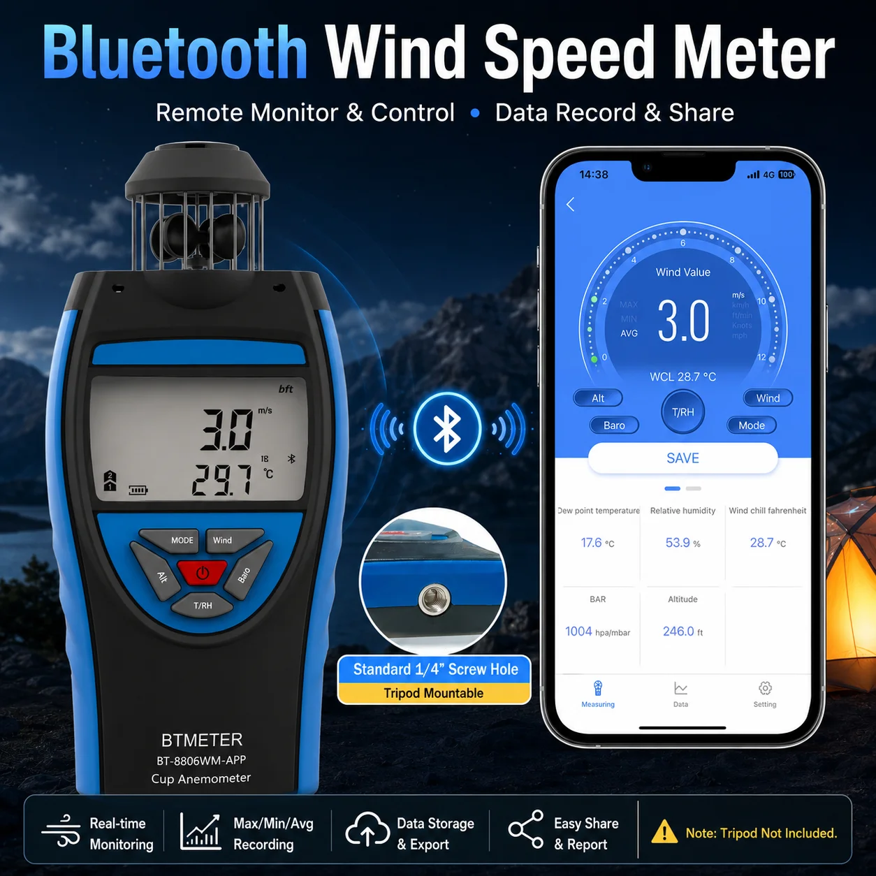 Фото Метеорологический измеритель 8806WM с Bluetooth и приложением, 360° °   Измеритель скорости ветра, температуры, влажности, барометр, высотомер, точка росы, компас для полевых работ и активного отдыха №5