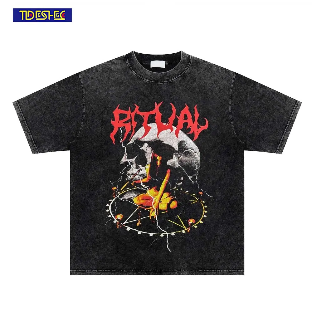 

Hip Hop Punk Vintage Oversized Summer Harajuku Washed T-Shirt Gothic Graphic Print T Shirt Men Women Cotton Streetwear Casual