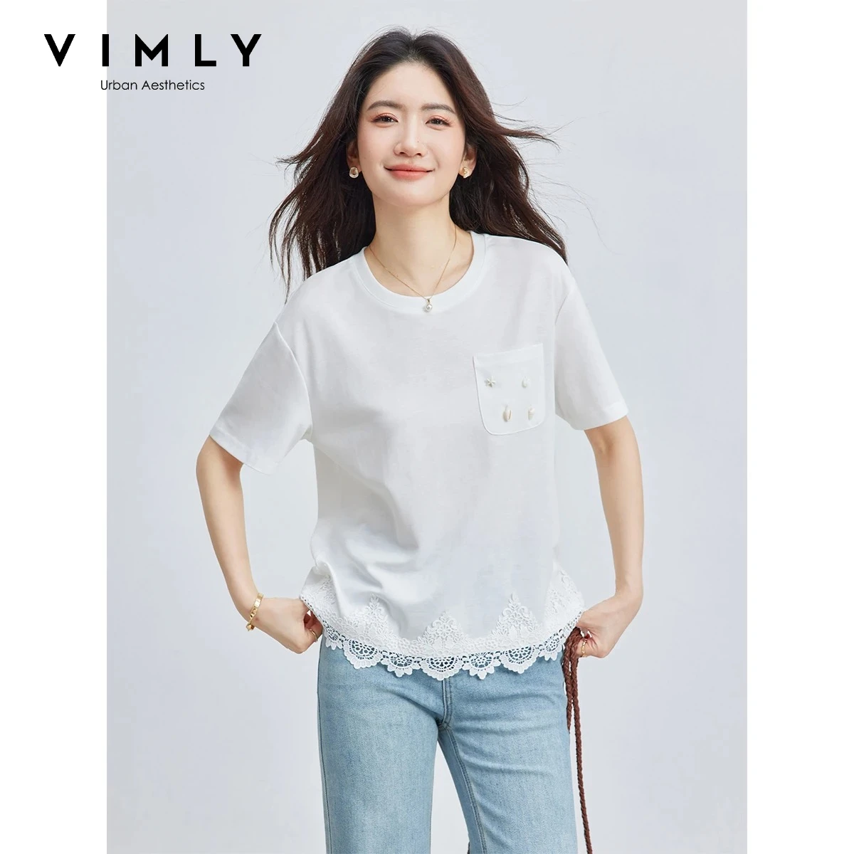 Фото Женская футболка VIMLY French Simple белая с коротким рукавом, летняя, 2026, с карманом-ракушкой, кружевным подолом, свободная, повседневная, средней длины, вязаная, A6228 №1