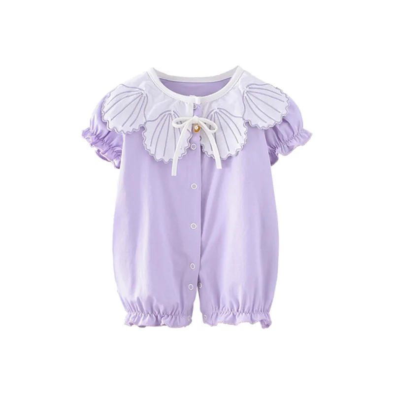 

Летняя удобная детская одежда, однобортное боди с коротким рукавом для новорожденных, пурпурный комбинезон с воротником-ракушкой для мален...