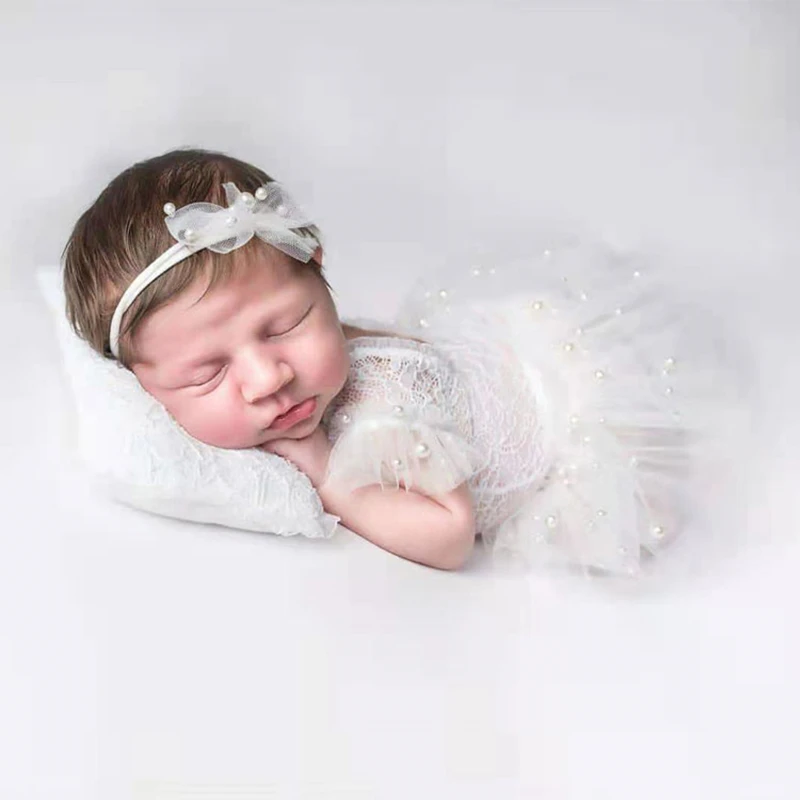

Newborn Photography Clothing Infant Shoot Clothes Bow Pearl Headband+Romper+Skirt 3Pcs/set Baby Girl Photo Prop Accessories