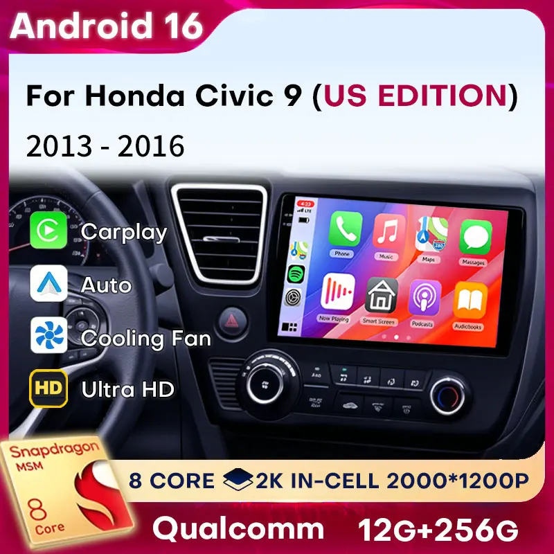 Фото Беспроводной CarPlay и Android Auto для Honda Civic 9 2013-2016 (американская версия) Android 16, 8-ядерный процессор, головное устройство DTS, 2 DIN, автомагнитола №1