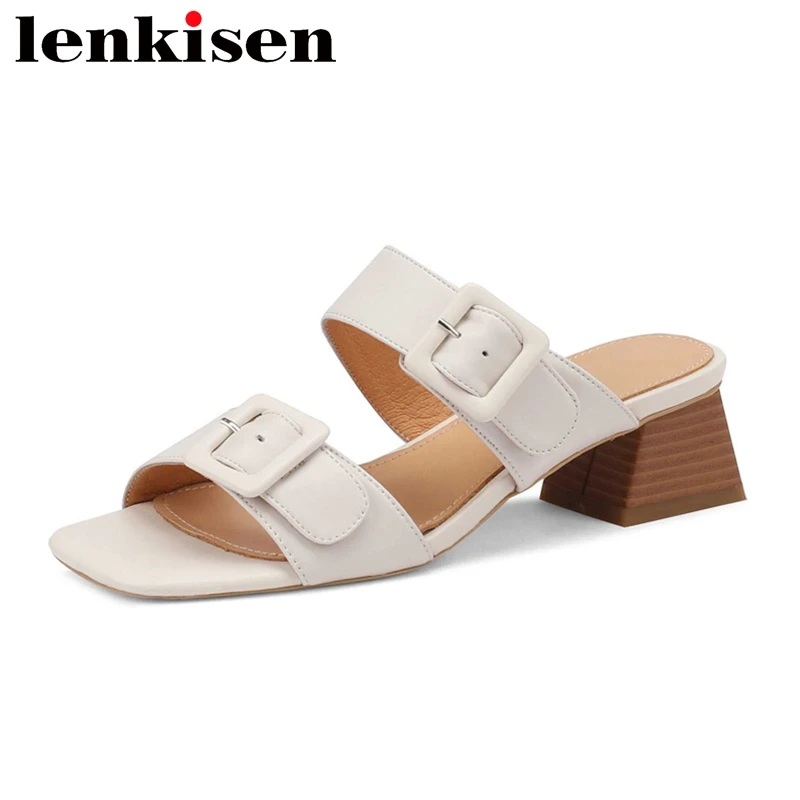 

Lenkisen Cow Split Leather Mules Peep Toe High Heel Buckle Decoration Concise Young Lady Daily Wear Slip on Women Sandals L05