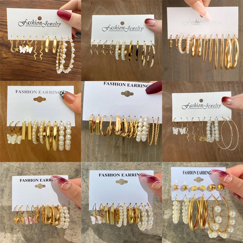 

TOBILO New Fashion Imitation Pearl Heart Butterfly Moon Star Drop Earrings Set Big Circle Piercings Earrings Jewelry for Women