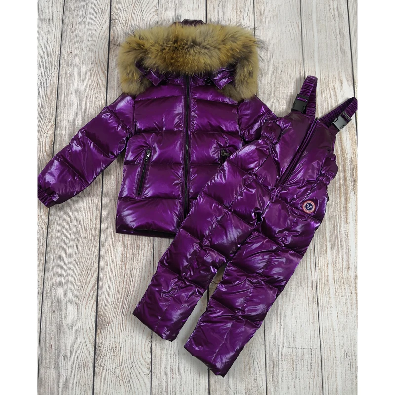 

New Winter Children Jacket Pants Big Real Raccoon Fur 100% Baby Clothing Sets/ Kids Parkas