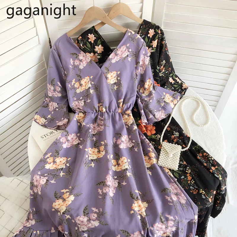 Gaganight женское платье с V-образным вырезом принтом и рукавом-колокольчиком Новинка