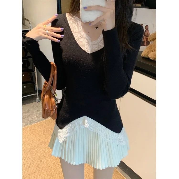 Pure Desire Temperament Кружевная строчка Свитер с v-образным вырезом и длинными рукавами