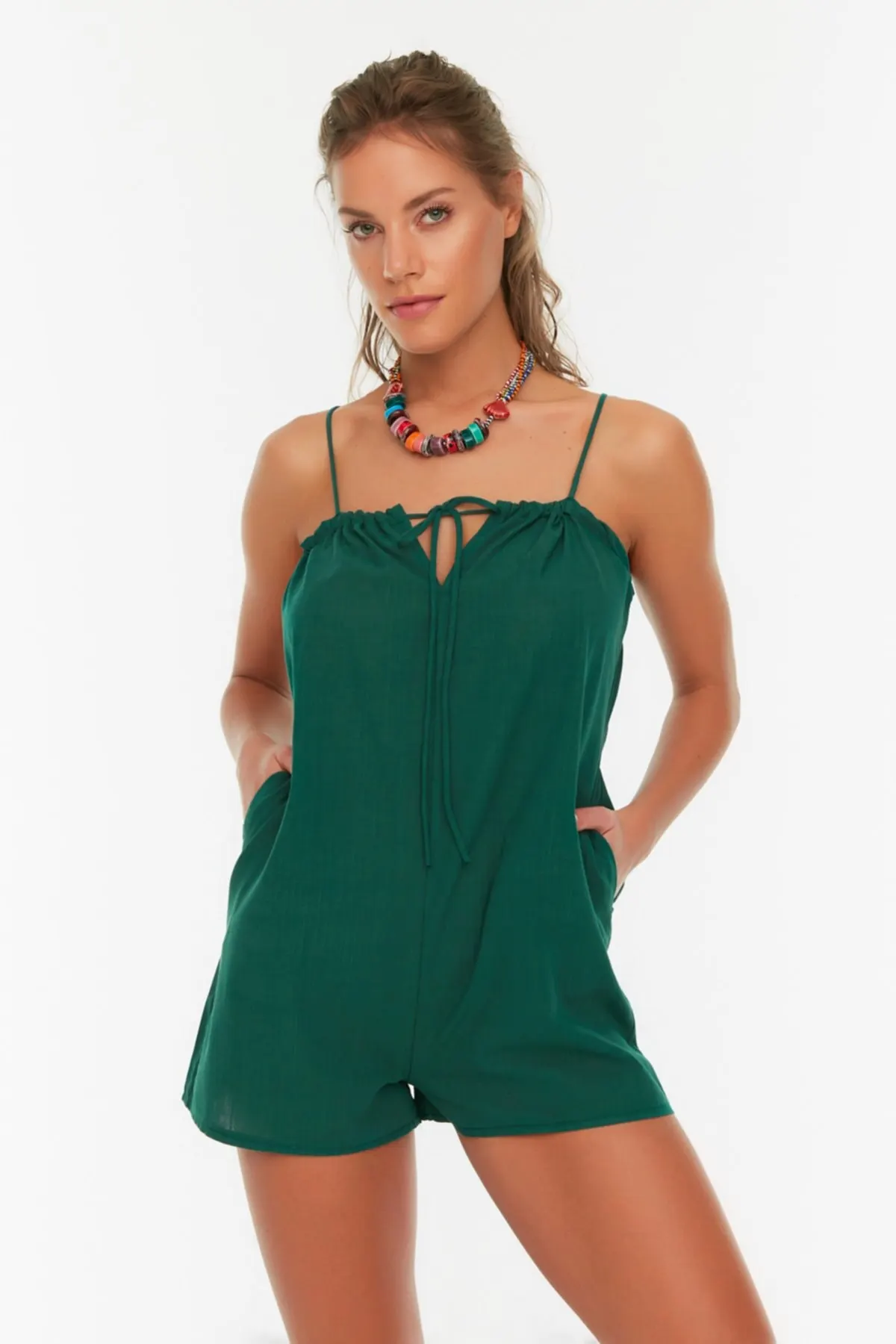 

Women's Overalls Khaki Tie Detailed Jumpsuit Hot Style Quality Fabric Sleeveless Baggy Trousers Casual Jumpsuit