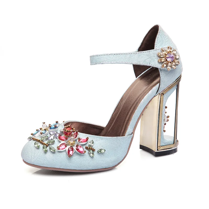 

Crystal Flower velvet Mary Janes for Women Party Sandals Strange High Heel Pumps Handmade Rhinestone Wedding Evening Shoes S09
