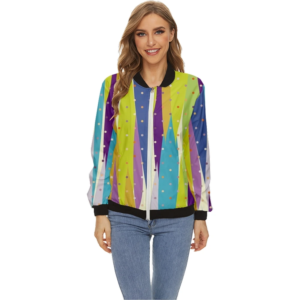 

Women's Jacket Tops Colorful Dots Printing Long Sleeves Baseball Collar Zipper Coat Slim Lady Girls Bomber Jacket Street Style