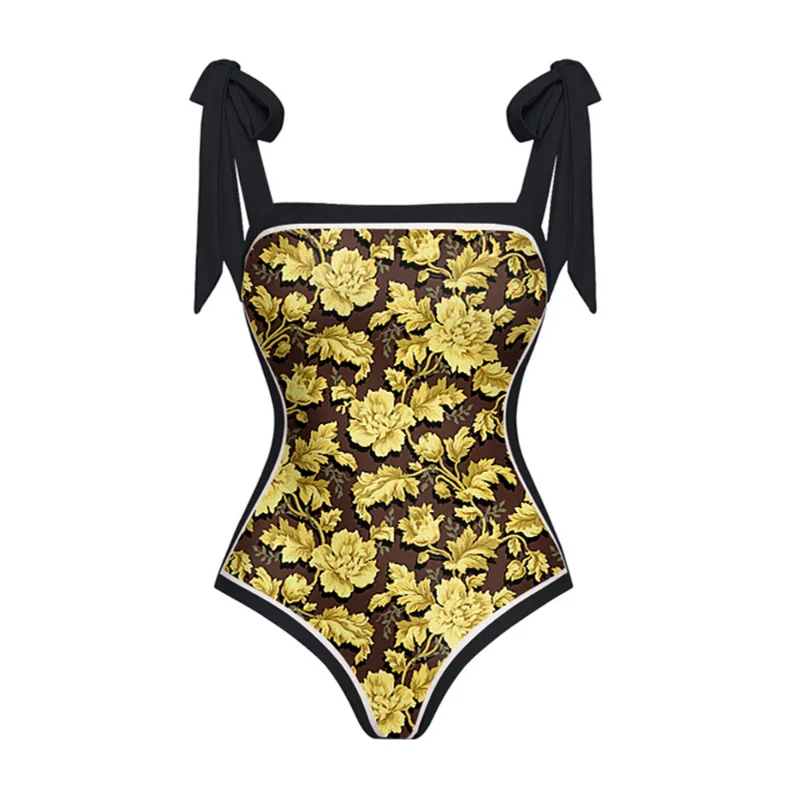 Retro Reversible Bowknot Tie-shoulder One Piece Swimsuit and Sarong Designer Bathing Suit Summer Surf Wear Holiday Beachwear