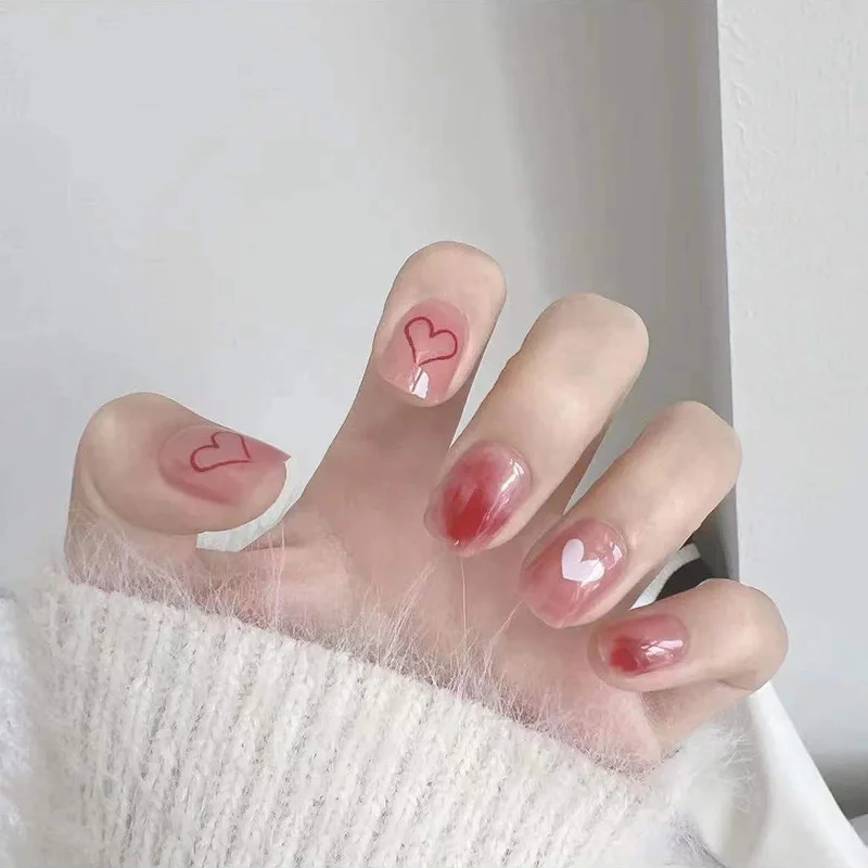 

24Pcs Short False Nails Coffin nude pink design Artificial Ballerina Fake Nails With Glue Full Cover Nail Tips Press On Nails