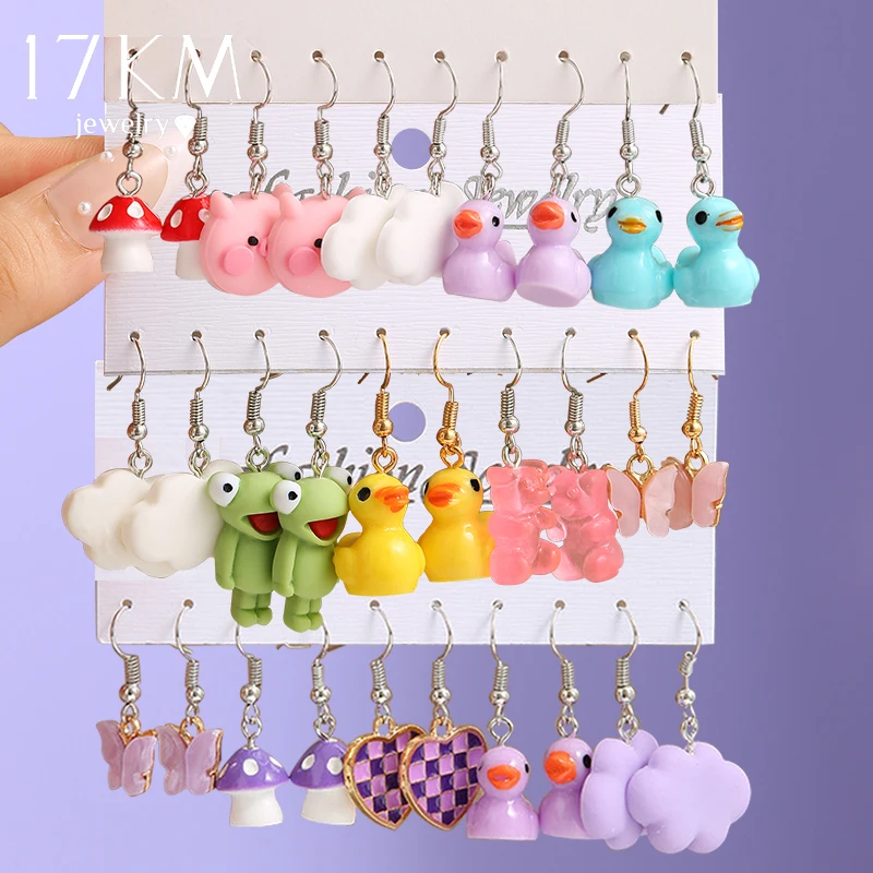 17KM Cute Mushroom Pig Dangle Earrings Set Animals Frog Duck Bear Earrings for Women Children Colorful Cartoon Jewelry Gifts New