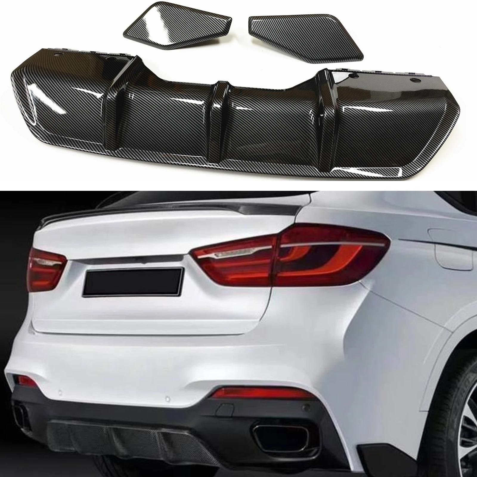 

For BMW X6 F16 2015-2018 Rear Bumper Diffuser Lip+Side Molding Splitter Cover Trim Carbon Fiber Look Car Body Kit Spoiler Plate