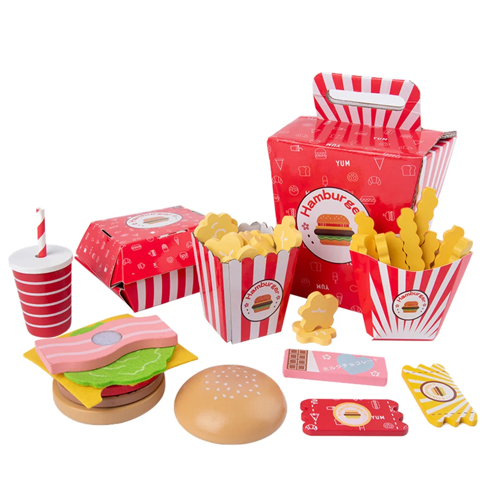

Hamburger French Fries Combo Simulation Role Play Prop Toddlers Toys Fast Food Kids Girls Cooking Wooden Playing House