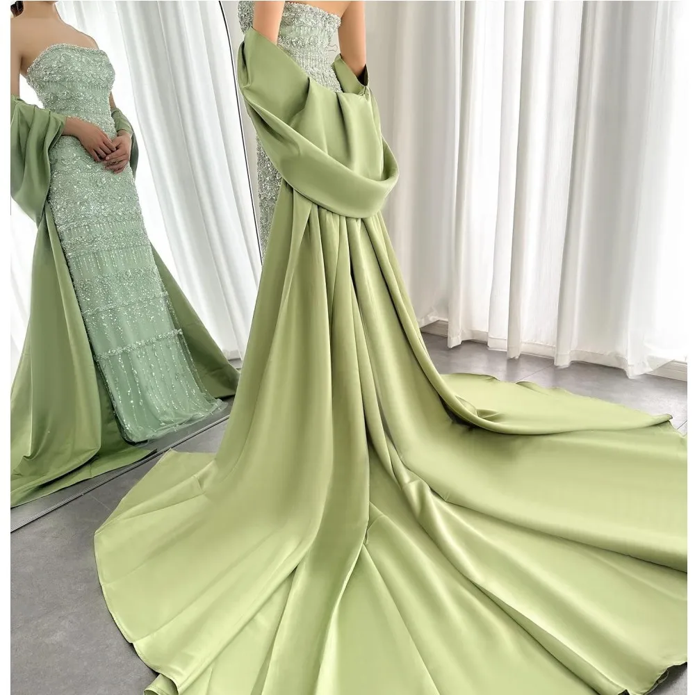 

Luxury Beaded Sage Green Evening Dress with Detachable Cape Dubai Women Blue Wedding Prom Party Gowns