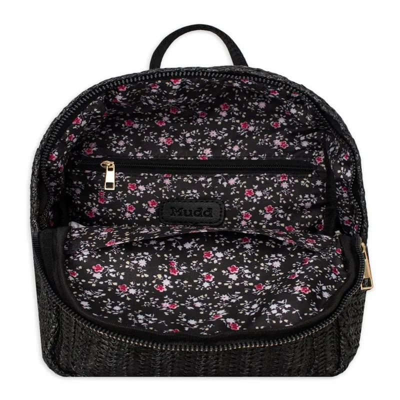 Mudd Women's Black Straw Backpack With Adjustable Shoulder Strap For School and Travel