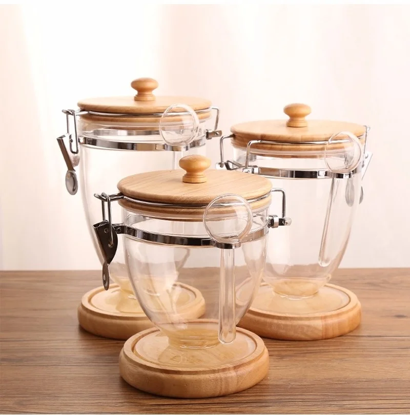 

Transparent Plastic Sealed Can With Wooden Base Cover Storage Tank Coffee Bean Storage Box With Spoon For Kintchen Decoration