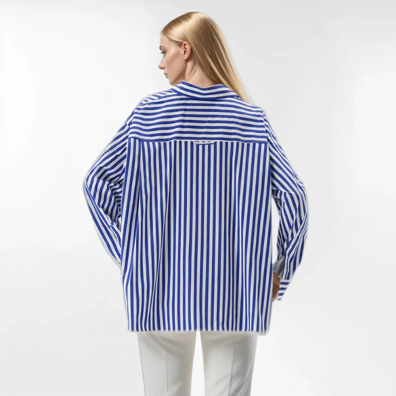 Fashionable Casual Long Sleeve Shirt Street Style Blue And White Striped Design Autumn New Arrival Women's Button-Up Top