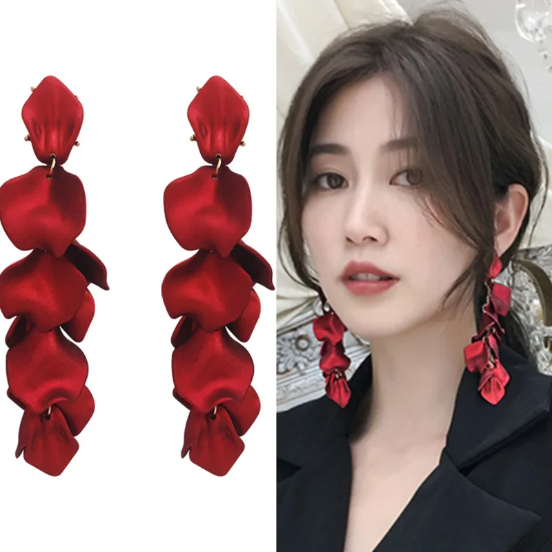 

925 Silver Needle Long Rose Petal Tassel Earrings Simple and Exaggerated Atmosphere Net Red Flower Earrings Metal Color