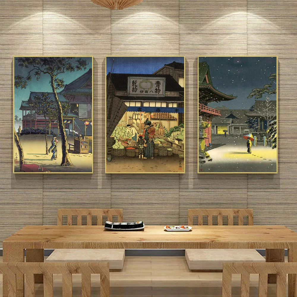 

Retro art Japanese street view architecture landscape canvas painting living room corridor wall poster home decoration mural