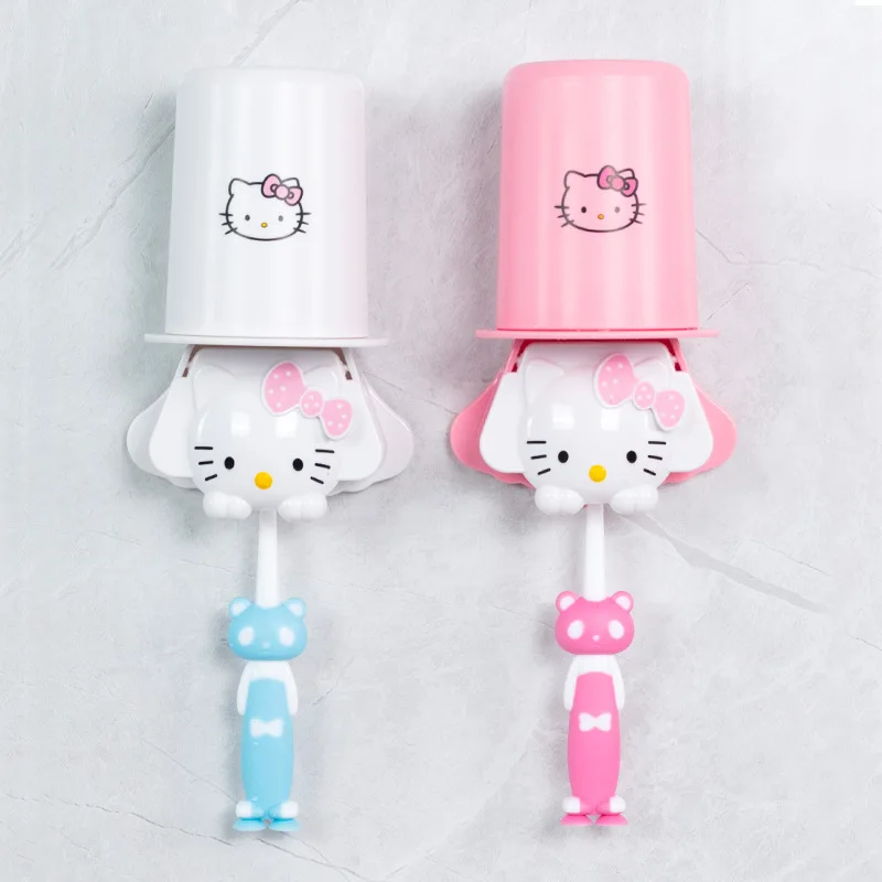 

Hello Kitty Cartoon Bath Style Toothbrush Holder Wash Cup Set Creative Sanrio Kt Cat Toothbrush Storage Cup Without Punching