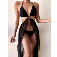 summer beach womens bikini fashion sexy black slim chain decorative gauze skirt triangle one piece swimsuit womens bikini set