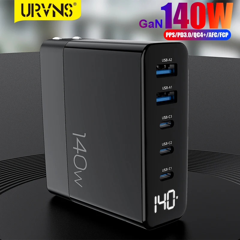 

URVNS 140W USB-C GaN Charger 5-Ports (3 PD 100W PPS45W+2 60W QC3.0) Type C Super Fast Charging 2.0 Laptop Power Adapter with LCD