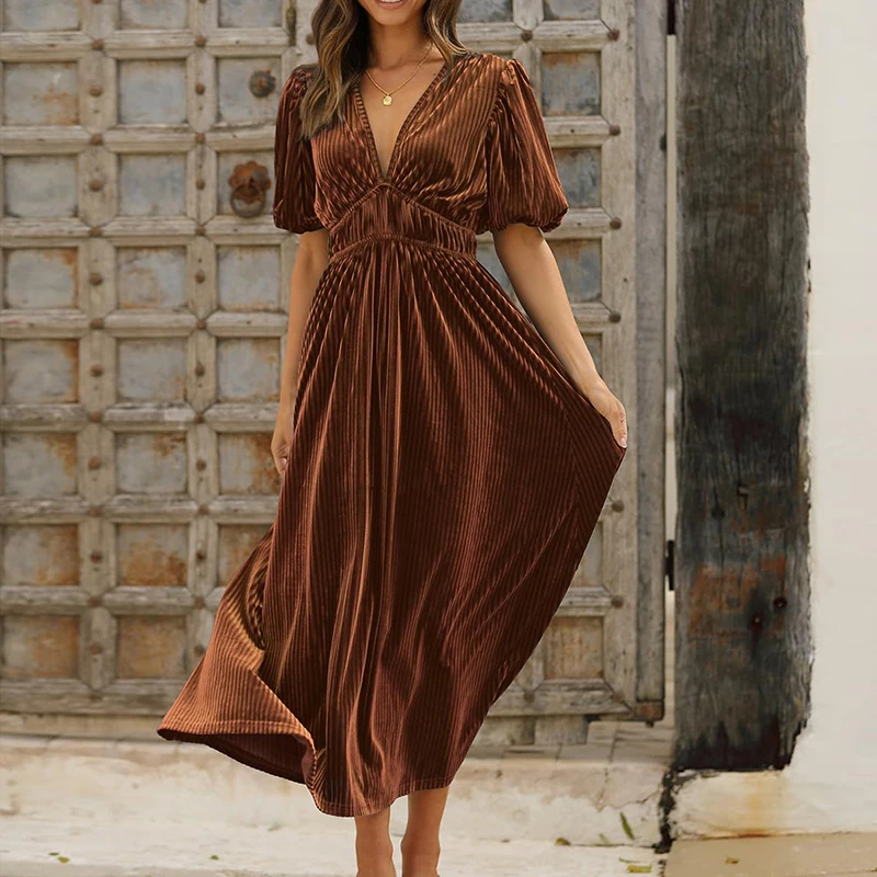 

2024 New Women's Puff Short Sleeve V Neck Velvet Maxi Dress Long Elegant Wedding Guest Party Dress