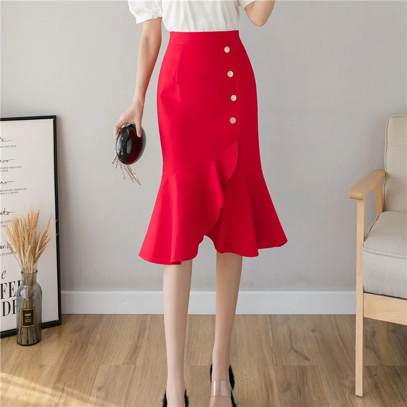 

New Slim Flounce High Waist Mid-Length Sheath Fishtail Skirt Women Elegant Slim-Fit Irregular Breasted Red Skirt Women's