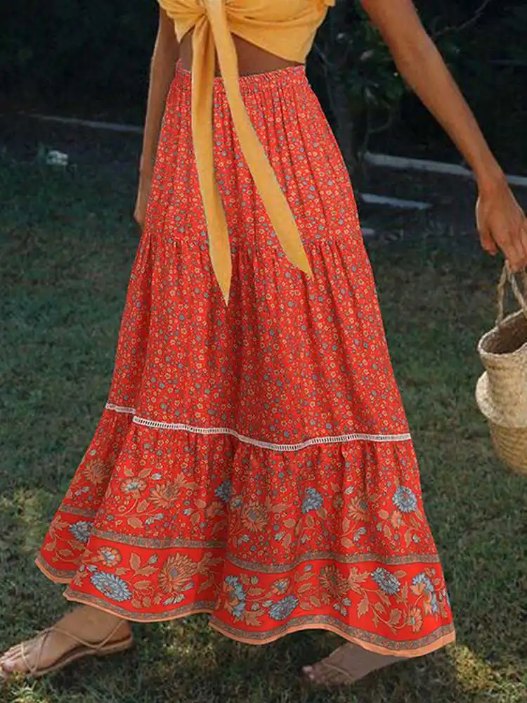 

Summer Maxi Skirts Bohemian Printed Sundress ZANZEA Fashion Floral Ruffle Robe Casual Elastic High Waist Vestidos Female Jupe