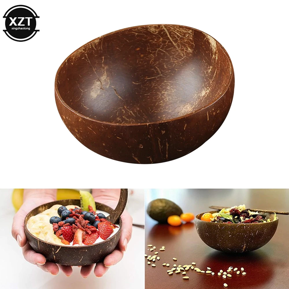 New Summer 12-15cm Natural Coconut Bowl Wooden Tableware Spoon Set Coco Kitchen Item Rice Ramen Salad Home Decorative Dinnerware