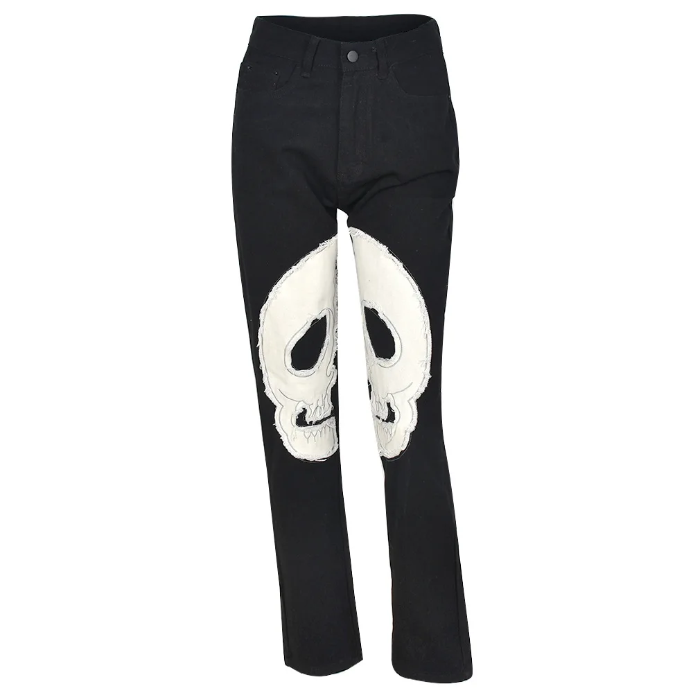 

Cyber Y2k Black Skull Patterned Low Rise Jeans Women's Washed Hollow Straight-leg Pants