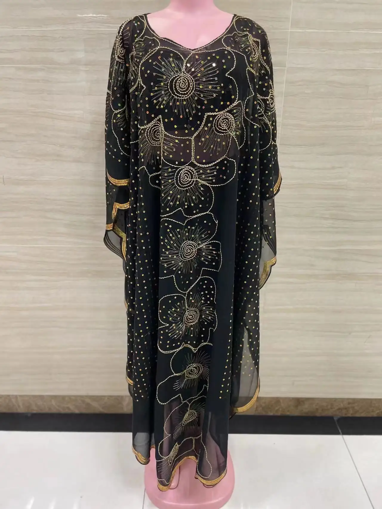 

New Style African Women's Clothing Dashiki Abaya Fashion Chiffon Fabric Sequins Bat Sleeve Loose Dress Free Size Single Piece
