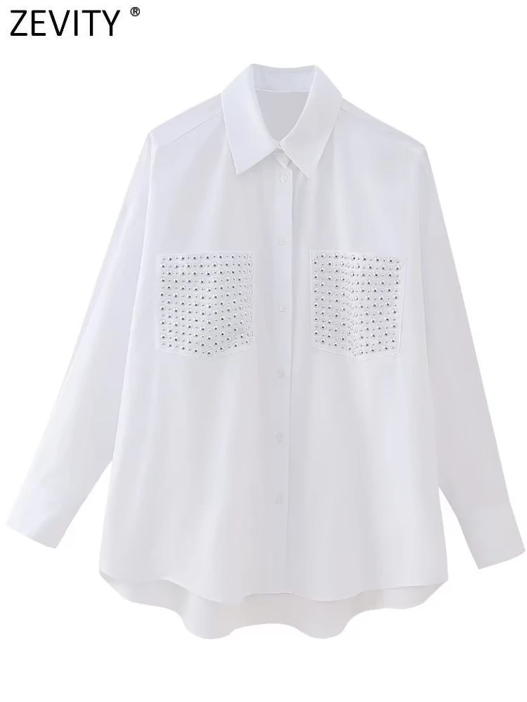 

Модная женская блузка Zevity из белого поплина с заклепками и двойными карманами, офисные женские шикарные облегающие рубашки, блузы, топы LS5132