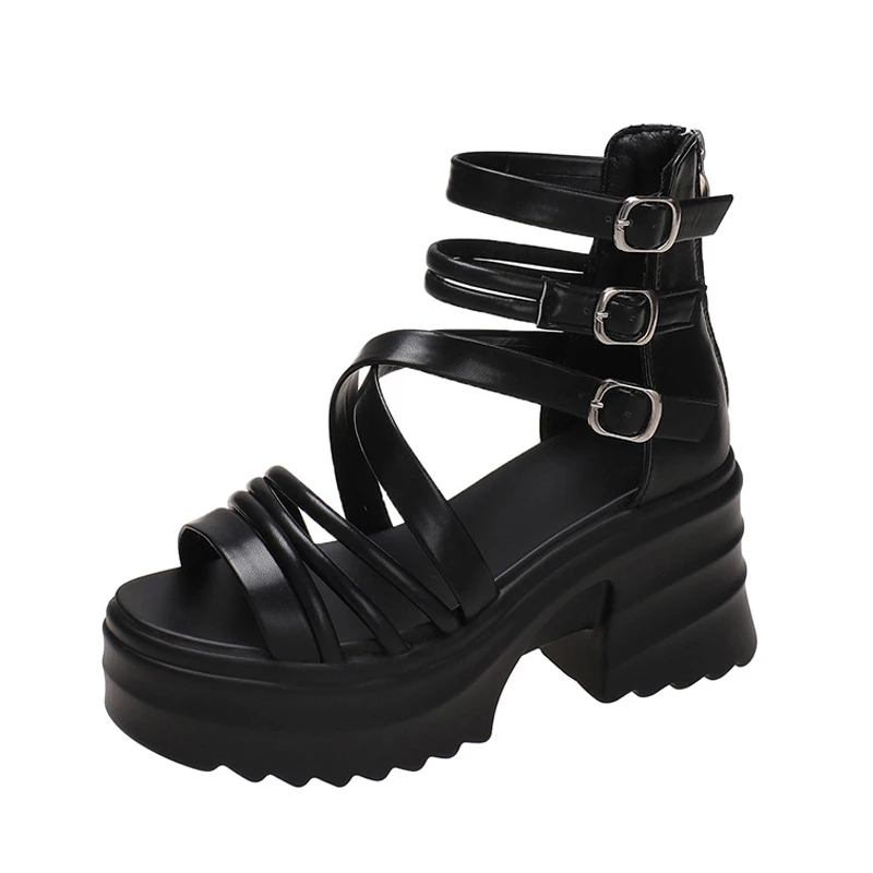 

Women's Thick-Soled Roman Sandals 2023 New Summer High-Top Zipper Wedge Platform Height Increasing Insole Hollow Beach Shoes