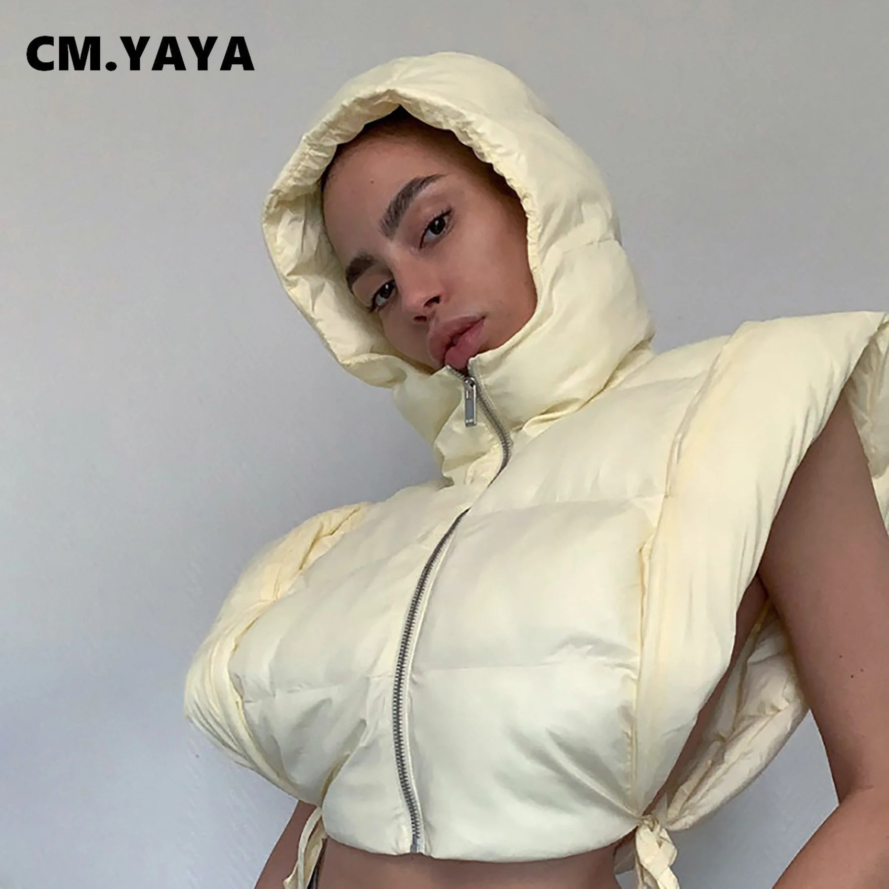 Женский ажурный жилет CM.YAYA с завязкой сбоку сексуальный капюшоном парки для зимы