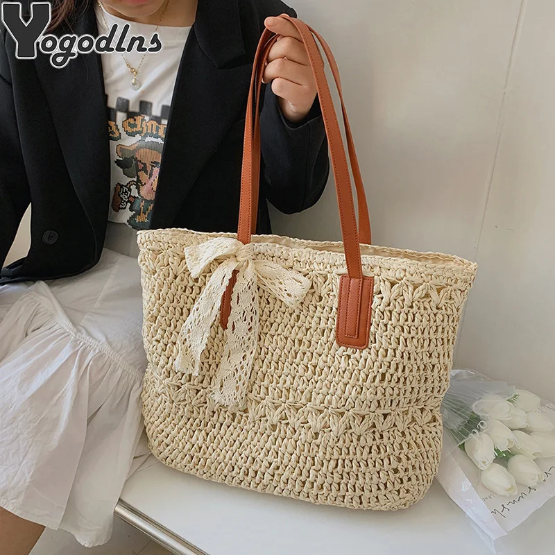 

Vintage Hollow Designer Straw Shoulder Bag Summer Handmade Woven Large Capacity Handbag Beach Bag Women Casual Shopper Totes