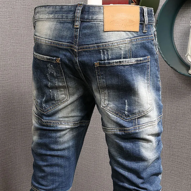 Street Fashion Men Jeans Retro Washed Blue Elastic Slim Fit Ripped Jeans Camo Pocket Designer Spliced Hip Hop Denim Pants Hombre