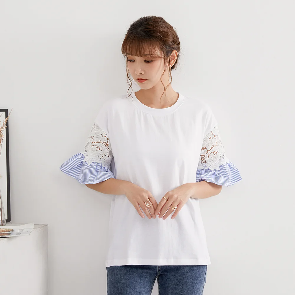 

T-Shirt For Women Summer Top Tee Standard Stripe Round Neck Half Sleeve Lace Patchwork Straight White Ladies Casual Clothing