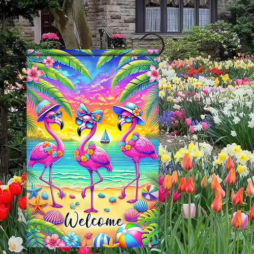 Фото Флаг для сада Welcome Flamingo Summer Garden, 12X18, двусторонний, с тропическими листьями, для улицы D TTP AAL HHM WZZ №4